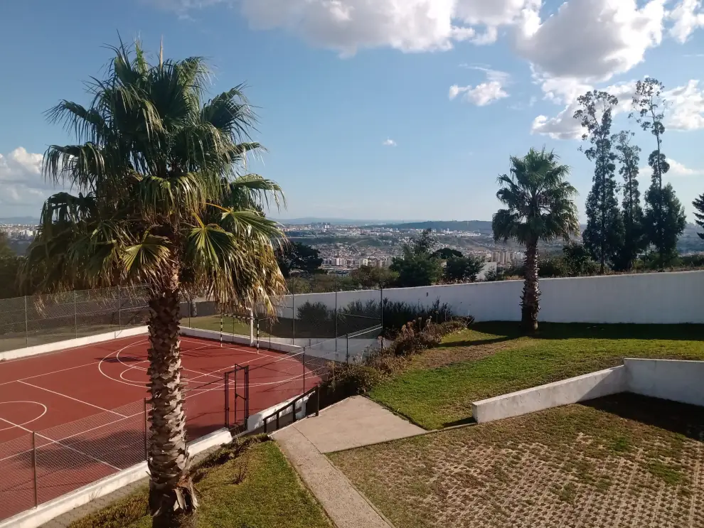 Recinto exterior de piso vermelho em Lisboa com linhas de basquetebol e balizas de futsal, vedado com rede, entre palmeiras